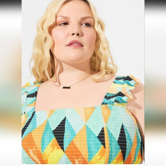 Torrid Peplum Crinkle Gauze Smocked Tank Geo Multi Sz 1X 14-16 - Picture 2 of 10